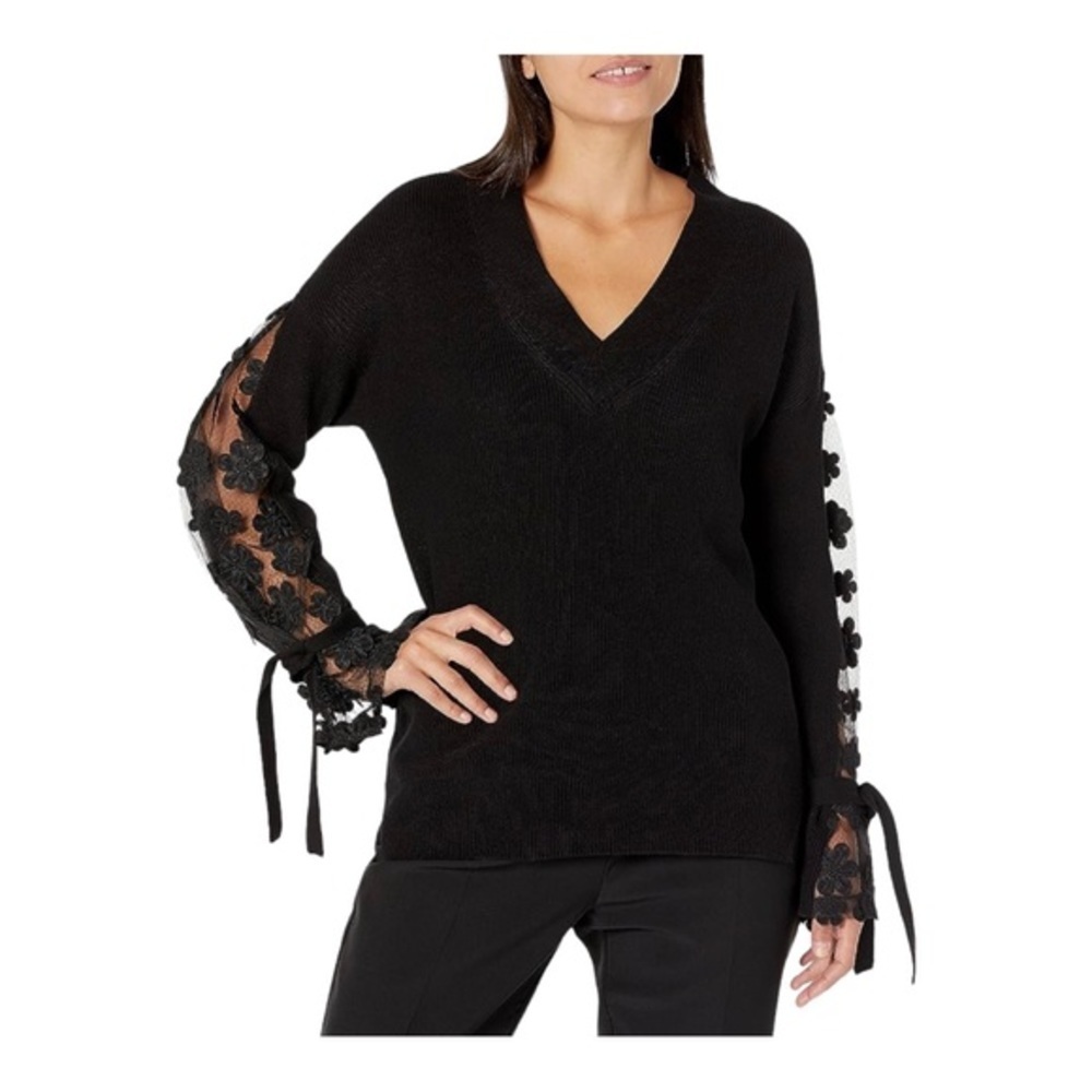 French Connection Utility Blue / Black Caballo Floral‎ Lace Knit V Neck NWOT